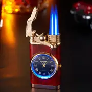 Double Fire Switching Lighter With Quartz Watch Metal Inflatable Windproof Blue Flame Lighter Fashion Gift C