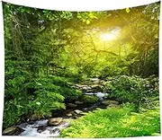 Tapestry 59x39" Green Forest Wall Tapestry with Sunlight & Stream Polyester Backdrop with Installation Tools Decorative for Bedroom, Living Room, Party