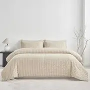 Seersucker Comforter Set with Sheets, Fluffy Bed in a Bag 7-Pieces, Pillow Sham, Flat Sheet, Fitted Sheet, Pillowcases,Cream Grey,Full