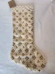 DESIGNER CHRISTMAS STOCKING NICOLE MILLER HOME IVORY & GOLD BEADED 22" 55cm NWT