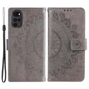 For Motorola Moto G22 Fully Wrapped Pu Leather Phone Flip Cover, Wallet Stand Design Imprinted Mandala Flower Phone Case