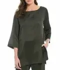Eileen Fisher Printed Silk/Org Cotton Boatneck Tunic Top Woodland ~INDIA ~Sz XS