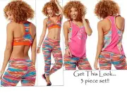 ZUMBA 3Pc.SET! Treaded Capri Leggings+Mid L VBra +Bubble Top*EliteZWear S M L XL
