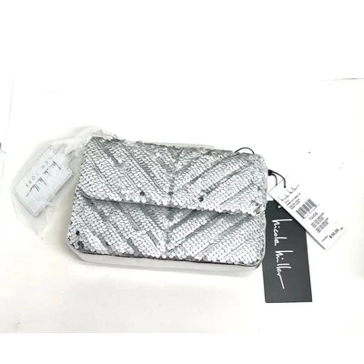 Nicole Miller Silver Sequin Chain Strap Crossbody Small Bag Purse Card Slots NWT