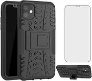 Phone Case for Apple iPhone 11 6.1 with Tempered Glass Screen Protector Cover and Stand Kickstand Hard Rugged Hybrid Heavy Duty Cell Accessories iphone11case iPhone11 i Phone11 XI 11R Cases Men Black