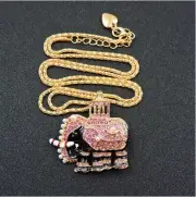 Betsey Johnson Necklace Imitation Pearl & Pink Crystal Elephant Pendant Gold Ton