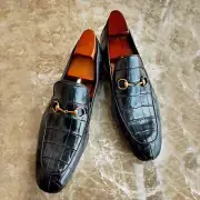 Bespoke Handmade Goodyear Welted Black Alligator Print Leather Slip On Shoes