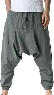 [Generic] Men's Drop Crotch Harem Pants Lightweight Workout Baggy Yoga Pants Drawstring Elastic Waist Trousers with Pockets