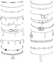 [UICCVOKK] 18Pcs Ankle Bracelets for Women, Alloy Anklet Silver Adjustable Women's Anklets, Beach Anklet Bracelet Jewelry Anklet Set, One Size, Alloy Steel, No Gemstone