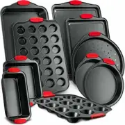 NutriChef NCSBS10S Baking Pans w/ Heat Red Silicone Handles, 10 Piece Set