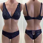 Victoria's Secret Underwire Plunge Bra 38C Tanga XL Navy Blue Set NWT