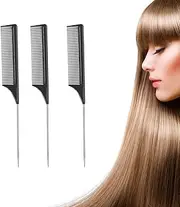 3 Pack Rat Tail Combs with Heat Resistant Carbon Fiber Fine Tooth, Stainless Steel Handle, and Pintail Design for Women's Hair Parting and Teasing