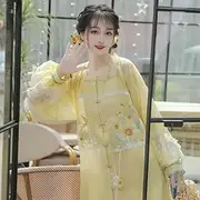 [INSTR] Dynasty Hanfu Suit Yellow Square Collar Butterfly Sunflower Long Sleeved Top White Skirt Women Cute Tang Suit