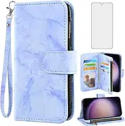 [Asuwish] Phone Case for Samsung Galaxy S23 5G Wallet Cell Cover with Tempered Glass Screen Protector and Marble Leather Flip Credit Card Holder Slot Stand S 23 23S GS23 G5 SM-S911U 6.1 inch Purple