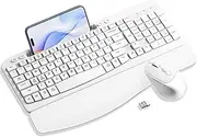 Wireless Keyboard and Mouse Combo, Wave Keys Computer Ergonomic Keyboard with Cushioned Plam Rest, Phone Holder, 2.4GHz Silent 6 Button Wireless Mouse Set for Laptop, PC, Windows, Mac (White)