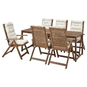 NÄMMARÖ table+6 reclining chairs, outdoor, light brown stained/Kuddarna light grey-beige, 200x75 cm