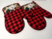 Holiday Trimmings Oven Mits Set Red Black Buffalo Check Santa Christmas Set of 2