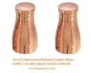 Set of 2 Hammered Bedroom Copper Water Bottle / Jar With Inbuilt Tumbler 1000 ML