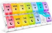 Pill Organizer 2x a Day Large Weekly Box with Push-Button Open - Rainbow & White