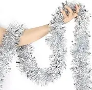 SURCVIO 50FT Silver Tinsel Garland Decorations, Christmas Tinsel Garlands, Metallic Streamers for Xmas Tree Decor, Home Indoor Outdoor Party Supplies