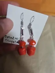 Vintage Myrna Lee Chang Hawaii Hawaiian Red Coral With Crystal Dangling Earrings