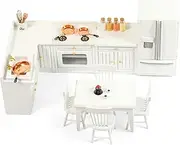 Dollhouse Furniture Kitchen Set (26 pcs) - Freely Combined Kitchen Cabinets, Dining Table with Chairs, Refrigerator and Other Accessories - 1 12 Scale Miniature Dollhouse Wooden Furniture (White)