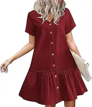 [Generic] Women's Casual V Neck Button Short Sleeve Dress Cotton Linen Beach Summer Mini Cover Up Dresses