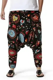 [Abigprofit] Men's African Print Harem Baggy Boho Pants Casual Cotton Yoga Drop Crotch Traditional Trousers
