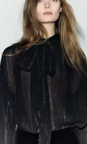 ZARA BLACK BLOUSE with Metallic Thread and FRONT Tie Detail Size L#2 $69
