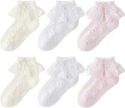 [QKURT] 6 Pairs Girls Socks, Ruffle Socks, Lace Socks, School Socks, Cotton Socks for Toddlers, Bow Socks, Princess Socks for 1-9 Years
