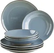 [Mäser] Nottingham Series, Vintage Plate Set for 4 People, 8-Piece Dinner Service with Dinner Plate and Soup Plate in Irregular Round Retro Look, Stoneware, Blue/Grey