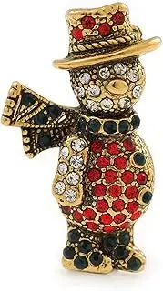 [Avalaya] Vintage Inspired Christmas Crystal 'Snowman' Brooch In Antique Gold Tone Metal - 38mm L