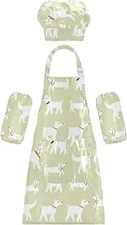 AIXIWAWA Kids Apron Chef Hat Set, Child Kitchen Bib Aprons Adjustable for Cooking Baking Painting (Cute White Dogs)