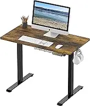 SHW 100 x 55 cm Electric Height Adjustable Sit to Stand Desk with Hanging Hooks and Cable Management, Black Frame and Rustic Brown Top