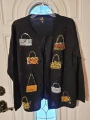 Quaker Factory Black Sweater Button Up w/ Colorful Accented Purses - Large