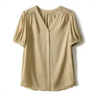在飛比找博客來優惠-【MsMore】 V領彈力雙喬絲質襯衫寬鬆短袖純色短版上衣#