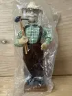 Old Timer Farmer Wearing Overalls Holding Pickaxe And Hoe Vintage 11.5” Doll
