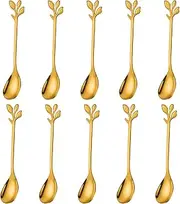 Stainless Steel Gold Leaf Coffee Spoon-AnSaw 10 Pcs Creative Tableware Dessert Spoons, Stirring, Mixing, Sugar, Stir, Ice Cream, Cake, Teaspoon Set (Gold-10Spoon)