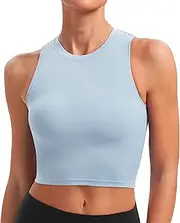 [BAYDI] Women's Sports Bra Without Underwire Bustier Removable Padded Crop Tops High Closed Tank Top Yoga Fitness Soft Bra, Baby Blue, XXL