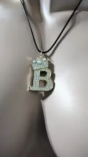 B Stunning Initial Rhinestone Pendant Necklace Golden Tone Black Leather Cord