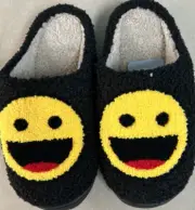 Smiley Face Women's Black & Yellow Fluffy Warm No-Slip Lounge Slippers M - 7-8