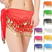 [Cosics] Hip Scarf, 10PCS 128 Coins Tribal Chiffon Women Belly Dance Skirt, Indian Dance Golden Sequin Waist Scarves Wrap Belt for Dancing Performance, Halloween Costume