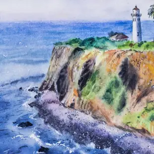 Lighthouse Landscape Painting Original Watercolor Seascape Interior Wall Art