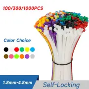 100/300/1000Pcs - Self Locking Nylon Cable Ties Zip Ties Wraps - 12 Colours