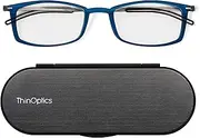 ThinOptics Brooklyn Reading Glasses 1.50 Rectangular Blue Frames With Milano Magnetic Case - Thin Lightweight Compact Readers 1.50 Strength