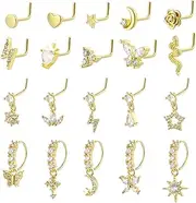 [ZLSDK] 14K Gold Hypoallergenic Filled Nose Studs Rings Set for Women, L Shaped Hypoallergenic Stainless Steel Nose Rings Studs Hoops Piercings Kit Women Body Jewelry