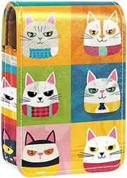 Travel Lipstick Organizer Case,Lipstick Case Portable Makeup Bag with Mirror,Cartoon Dog and Cat Plaid
