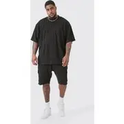 Mens Black Plus Oversized Waffle T-shirt & Cargo Short Set