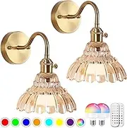 Vintage Battery Operated Wall Sconces Set Of Two, Indoor not Hardwired Brass Amber Glass Lampshade Fixtures,Rechargeable Wireless RGB Wall Lights with Dimmable Remote Control,for Bedroom Living Room
