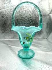 Fenton art glass hand painted Robin's Egg Blue Opalescent Basket - NEW WITH TAG